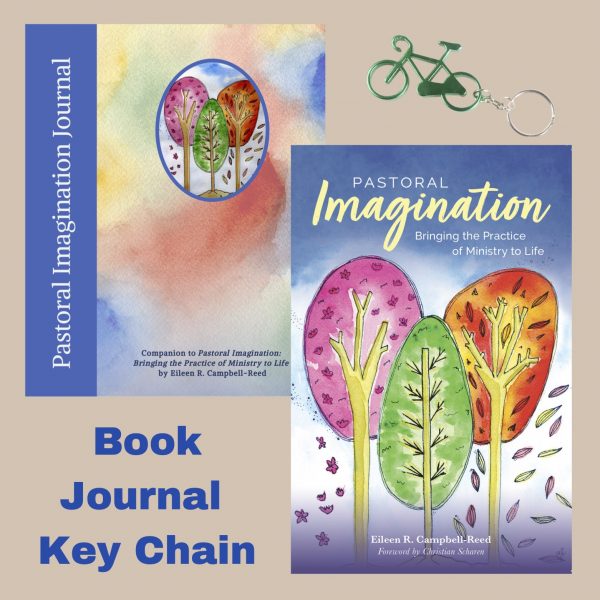 Collage image of the covers of Pastoral Imagination book and journal with the bonus gift of a bicycle keychain