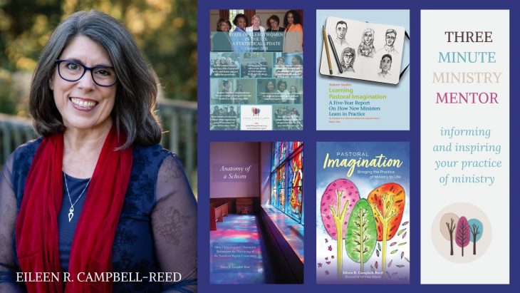 Montage image about Eileen Campbell-Reed. She is a professor at Union Theological Seminary, Central Seminary, host of Three Minute Ministry Mentor, and author of Anatomy of a Schism, State of Clergy women report, and pastoral Imagination