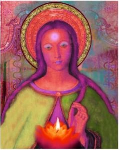 Image of Mary, mother of Jesus, holding a light.
