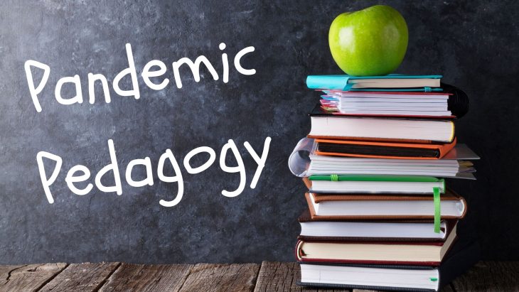 chalk board, books, apple, words: pandemic pedagogy